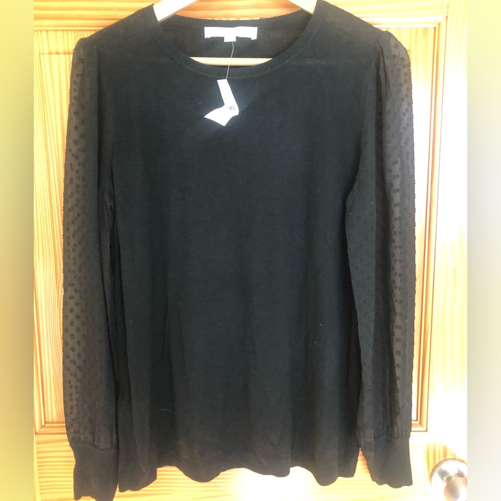NWT LOFT Black Sweater with Dotted Sheer Sleeves